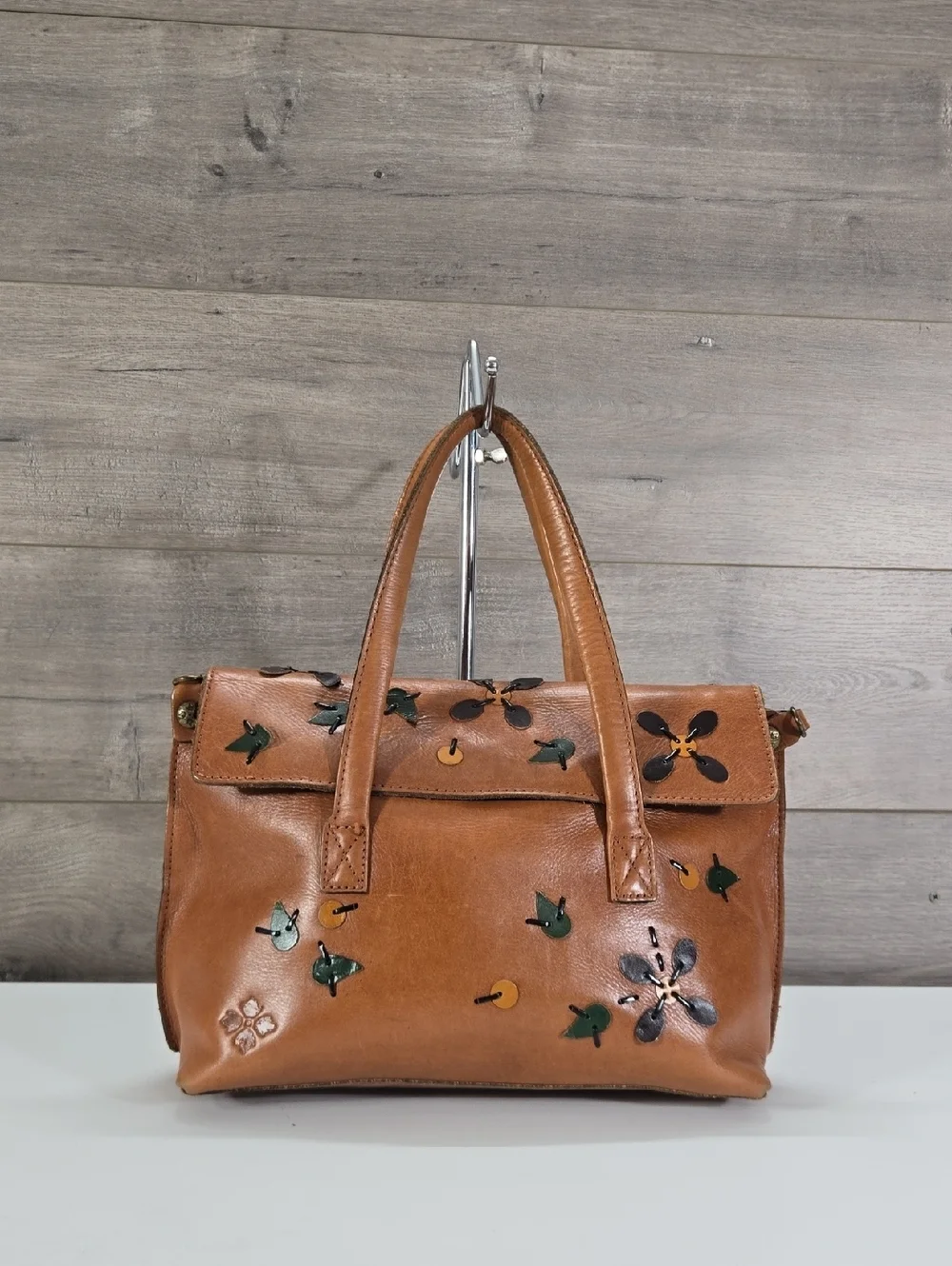 Patricia Nash Floral Appliqué Brown Leather Satchel Shoulder Bag Purse